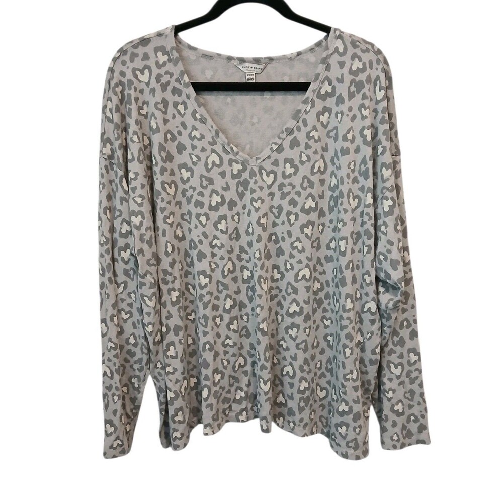 Lucky Brand Cheetah Heart Print V-neck Long Sleeve T-shirt Women's 2X Gray